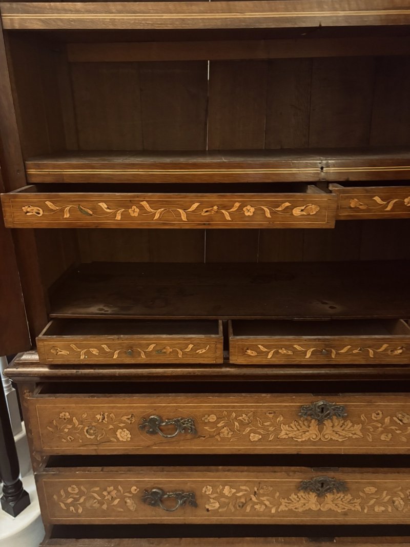 Antique Dutch Marquetry Walnut Linen Press/Cupboard
